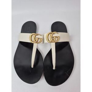 Gucci Women's White Marmont Leather Thong Sandals Flip Flops Double GG Size 37